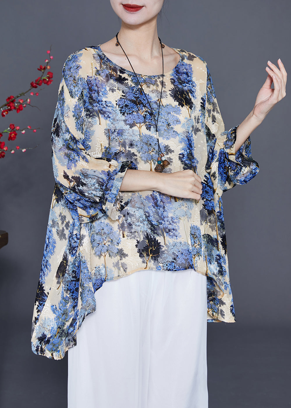 Elegant Blue Oversized Print Silk Blouse Tops Summer LY3682 - fabuloryshop