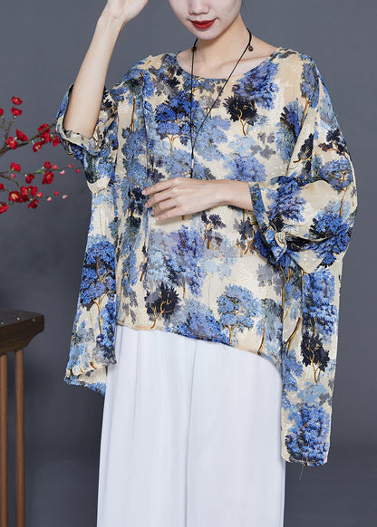 Elegant Blue Oversized Print Silk Blouse Tops Summer LY3682 - fabuloryshop