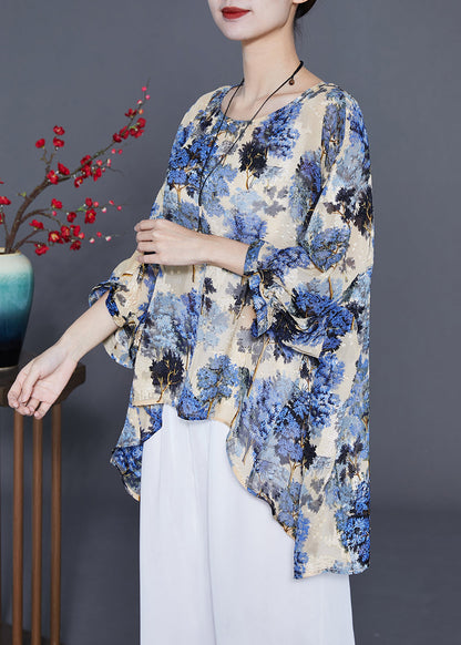 Elegant Blue Oversized Print Silk Blouse Tops Summer LY3682 - fabuloryshop