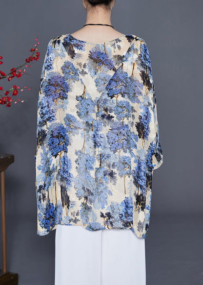 Elegant Blue Oversized Print Silk Blouse Tops Summer LY3682 - fabuloryshop