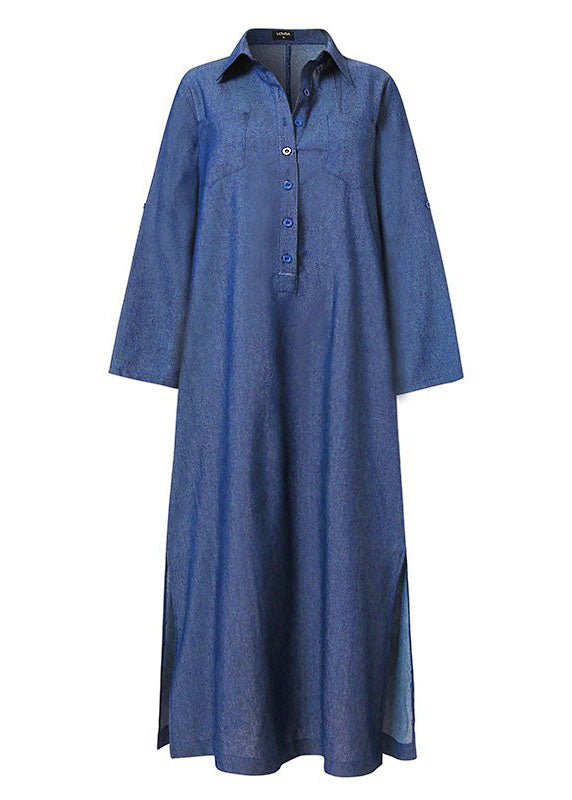 Elegant Blue Peter Pan Collar Patchwork Long Denim Dress Long Sleeve LY3932 - fabuloryshop