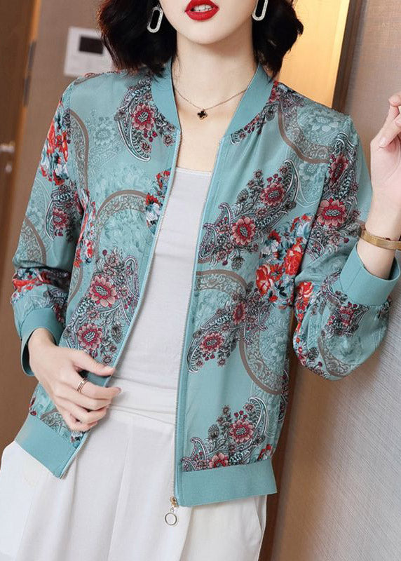 Elegant Blue Print Zippere Chiffon Sunscreen Sunscreen Coat Long Sleeve LY3793 - fabuloryshop