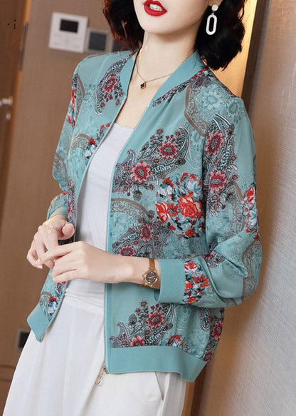 Elegant Blue Print Zippere Chiffon Sunscreen Sunscreen Coat Long Sleeve LY3793 - fabuloryshop