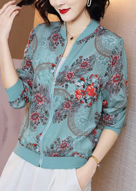 Elegant Blue Print Zippere Chiffon Sunscreen Sunscreen Coat Long Sleeve LY3793 - fabuloryshop