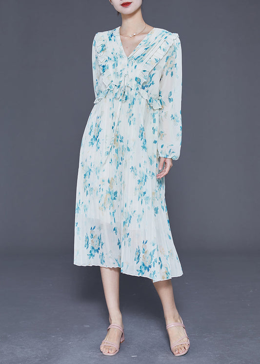 Elegant Blue Ruffled Print Wrinkled Chiffon Party Dress Summer LY3688
