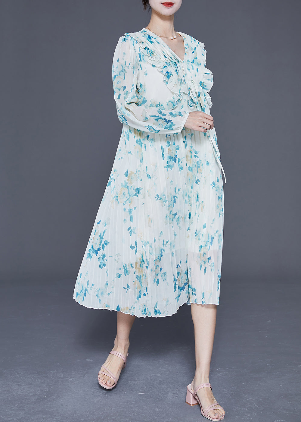 Elegant Blue Ruffled Print Wrinkled Chiffon Party Dress Summer LY3688 - fabuloryshop