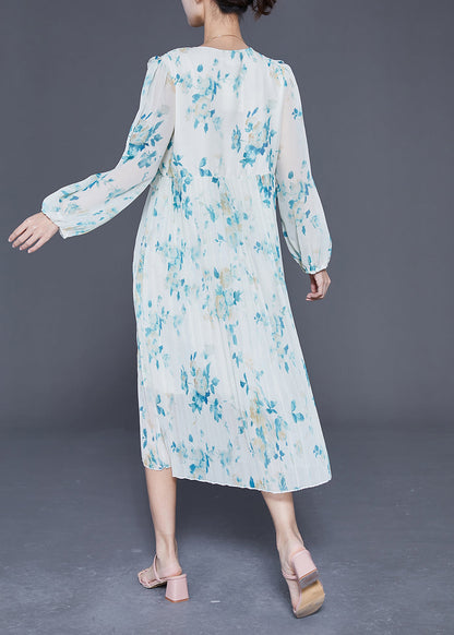 Elegant Blue Ruffled Print Wrinkled Chiffon Party Dress Summer LY3688 - fabuloryshop