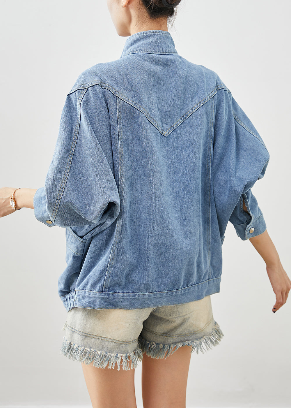 Elegant Blue Stand Collar Oversized Denim Coat Fall Ada Fashion