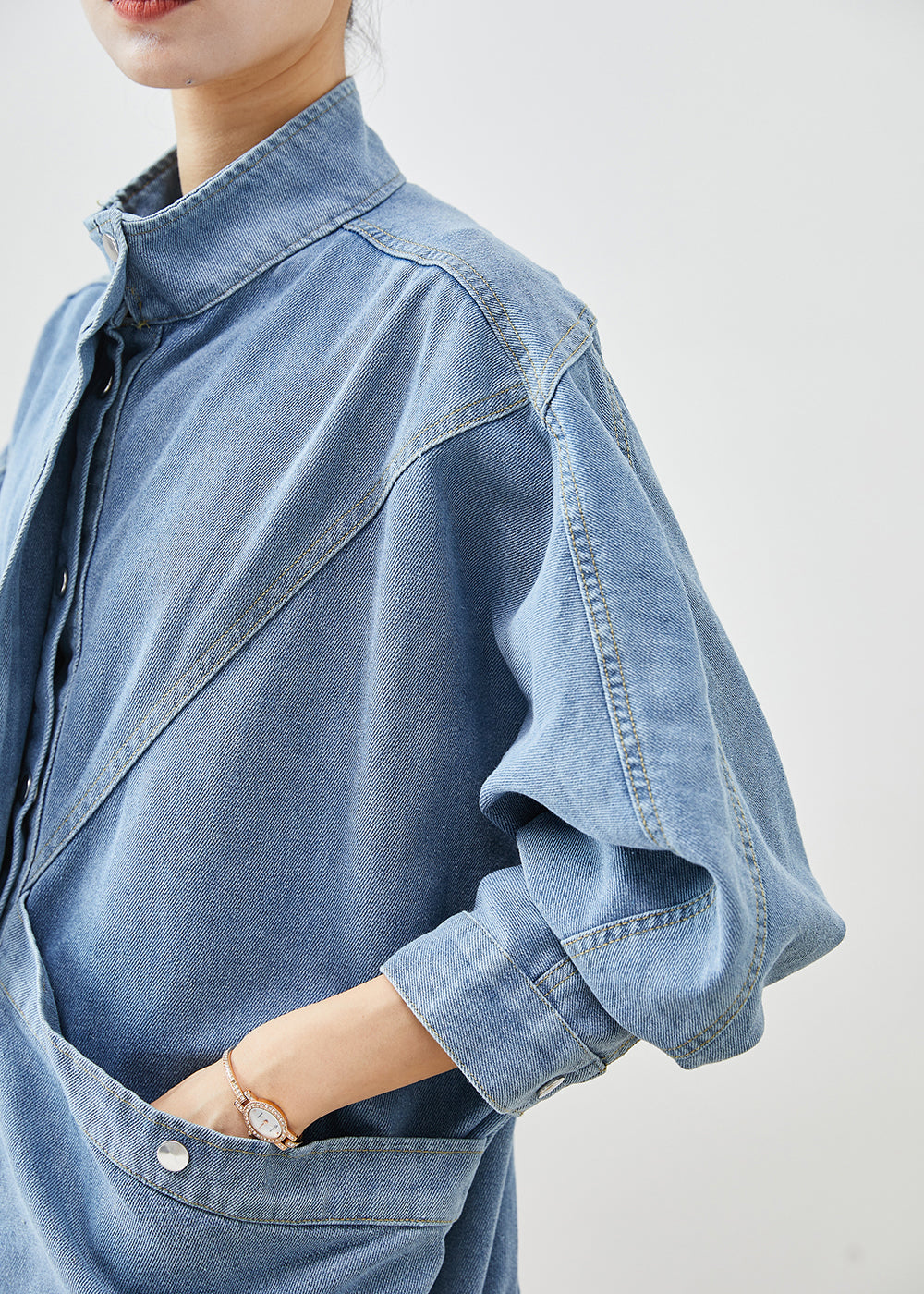 Elegant Blue Stand Collar Oversized Denim Coat Fall Ada Fashion