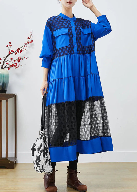 Elegant Blue Stand Collar Patchwork Lace Cotton Dress Fall Ada Fashion