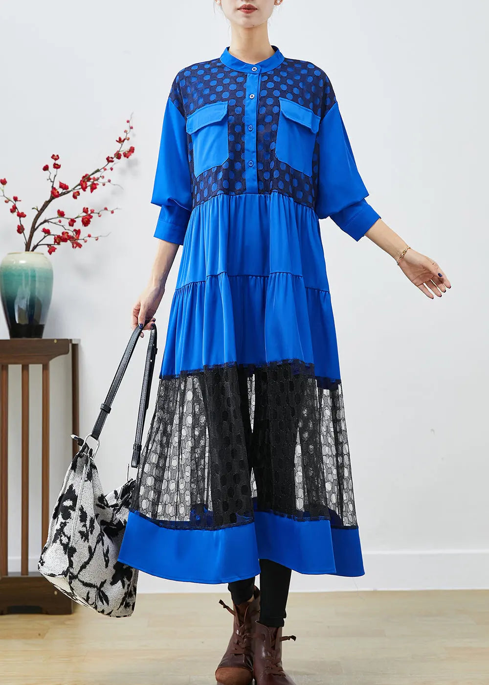 Elegant Blue Stand Collar Patchwork Lace Cotton Dress Fall Ada Fashion