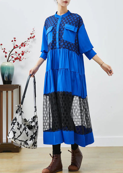 Elegant Blue Stand Collar Patchwork Lace Cotton Dress Fall Ada Fashion