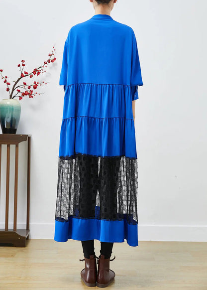 Elegant Blue Stand Collar Patchwork Lace Cotton Dress Fall Ada Fashion