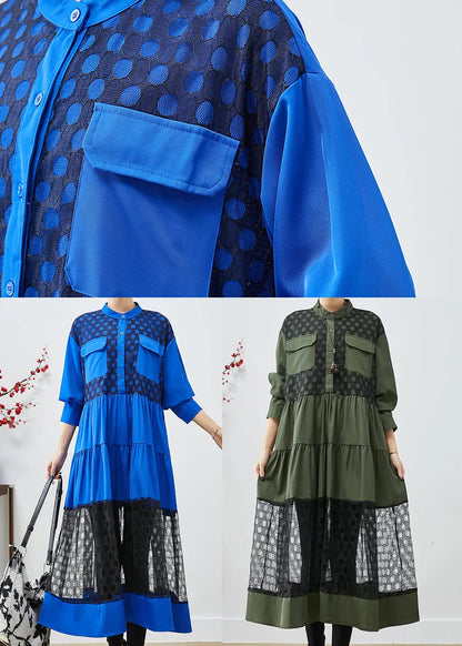 Elegant Blue Stand Collar Patchwork Lace Cotton Dress Fall Ada Fashion