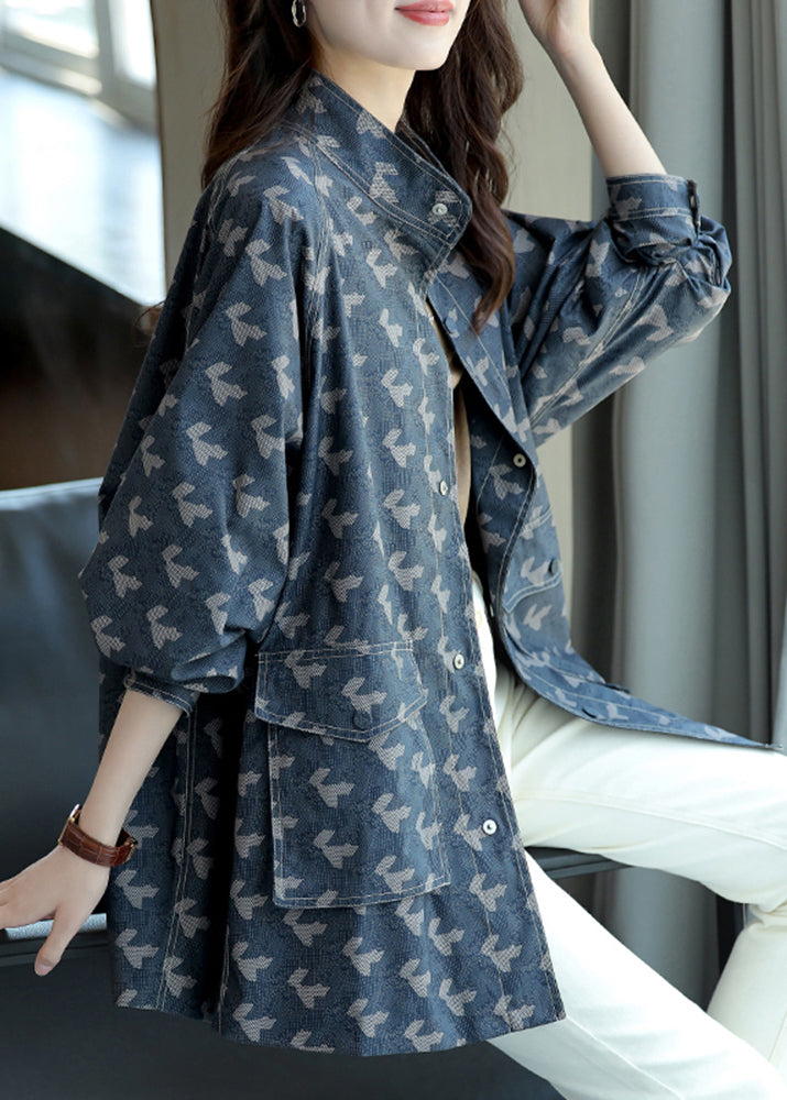 Elegant Blue Stand Collar Print Pockets Coats Long Sleeve Ada Fashion