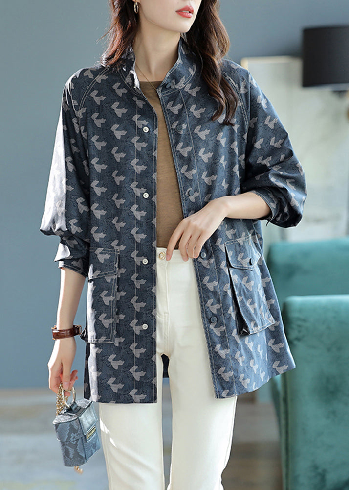 Elegant Blue Stand Collar Print Pockets Coats Long Sleeve Ada Fashion