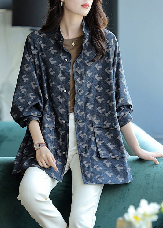 Elegant Blue Stand Collar Print Pockets Coats Long Sleeve Ada Fashion