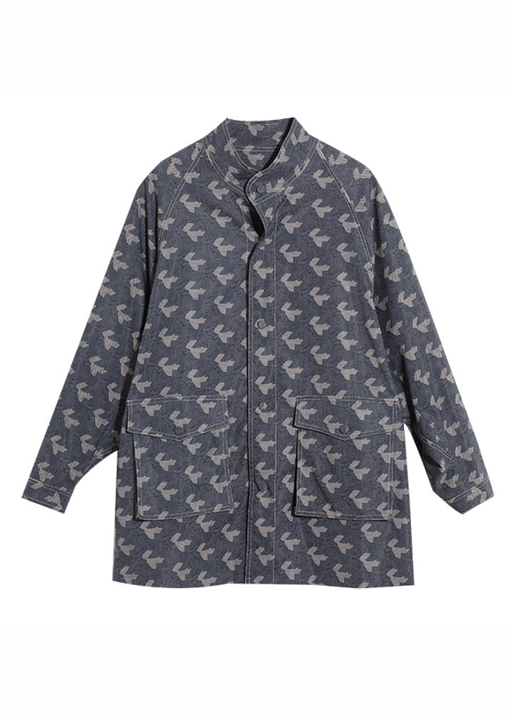 Elegant Blue Stand Collar Print Pockets Coats Long Sleeve Ada Fashion