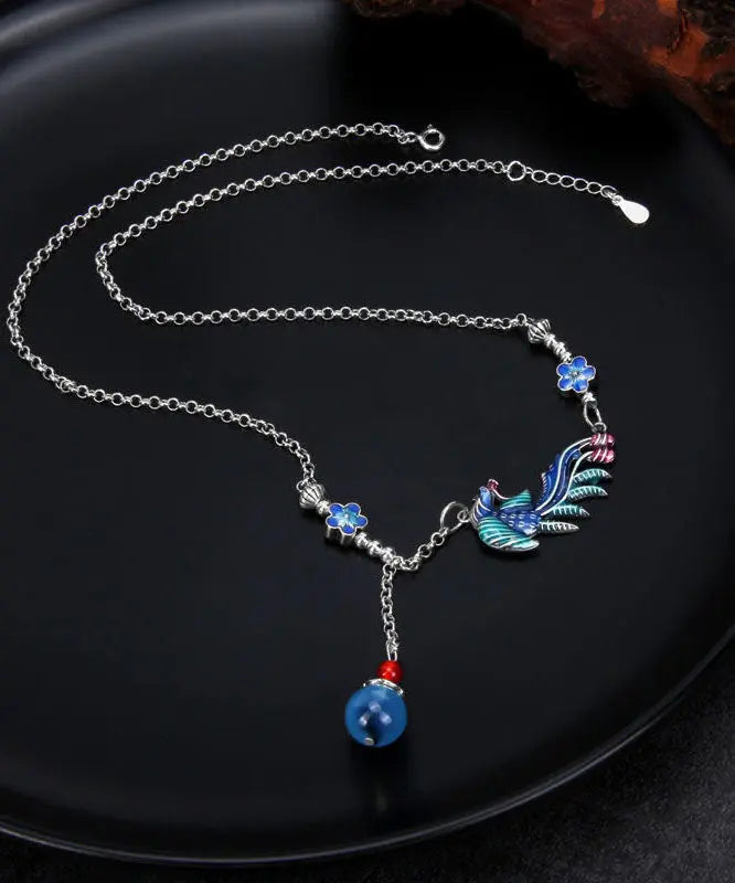 Elegant Blue Sterling Silver Cloisonne Phoenix Tassel Pendant Necklace Ada Fashion