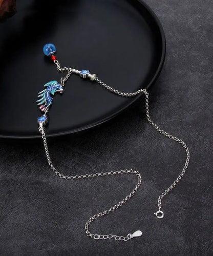 Elegant Blue Sterling Silver Cloisonne Phoenix Tassel Pendant Necklace Ada Fashion