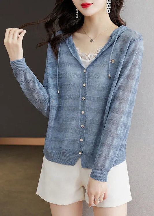 Elegant Blue Striped Patchwork Drawstring Hooded Ice Size Knit Cardigan Long Sleeve Ada Fashion