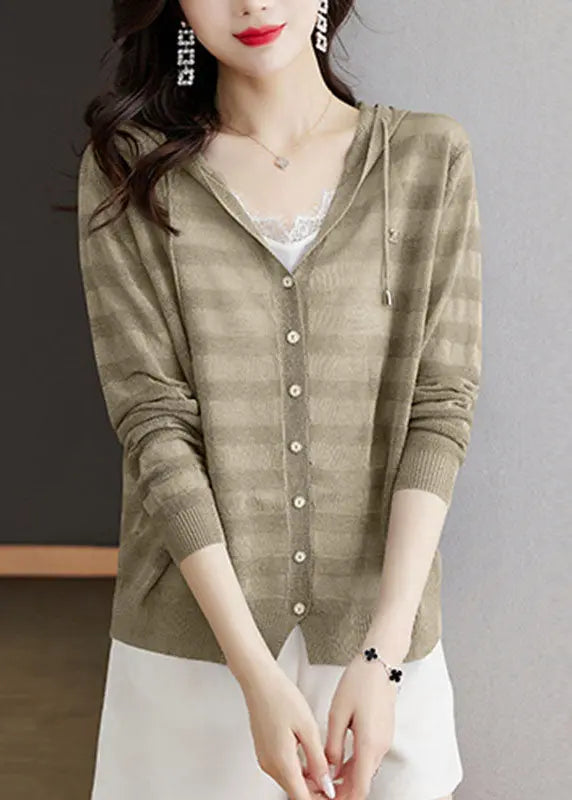 Elegant Blue Striped Patchwork Drawstring Hooded Ice Size Knit Cardigan Long Sleeve Ada Fashion