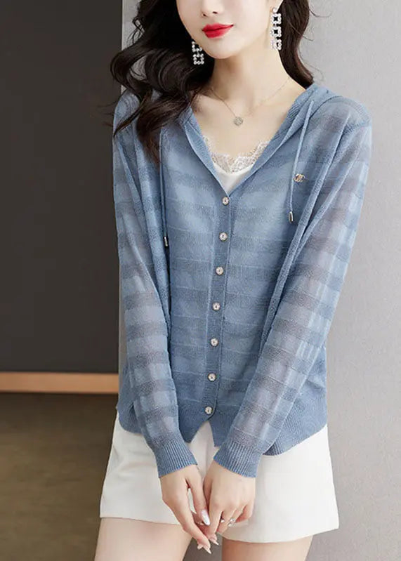 Elegant Blue Striped Patchwork Drawstring Hooded Ice Size Knit Cardigan Long Sleeve Ada Fashion