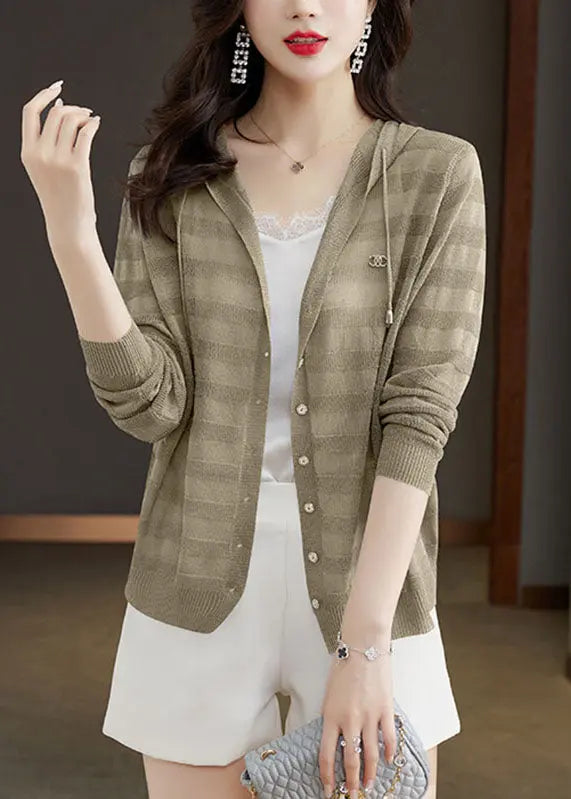 Elegant Blue Striped Patchwork Drawstring Hooded Ice Size Knit Cardigan Long Sleeve Ada Fashion