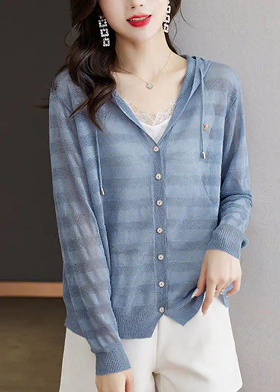 Elegant Blue Striped Patchwork Drawstring Hooded Ice Size Knit Cardigan Long Sleeve Ada Fashion
