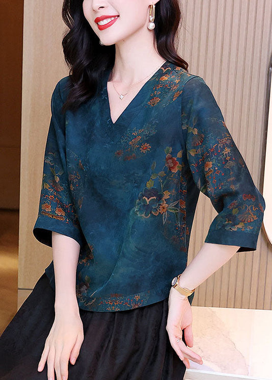 Elegant Blue V Neck Patchwork Print Silk Blouse Tops Spring LC0280 - fabuloryshop