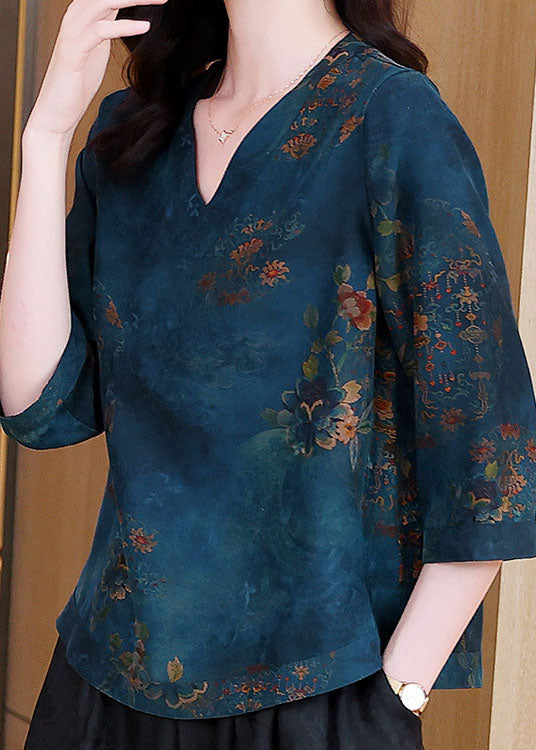 Elegant Blue V Neck Patchwork Print Silk Blouse Tops Spring LC0280 - fabuloryshop