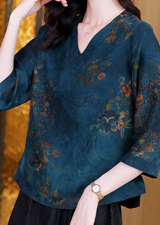 Elegant Blue V Neck Patchwork Print Silk Blouse Tops Spring LC0280 - fabuloryshop