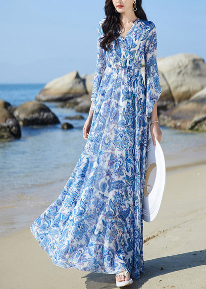 Elegant Blue V Neck Print Elastic Waist Chiffon Vacation Maxi Dresses Flare Sleeve LY1697 - fabuloryshop