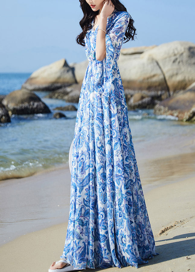 Elegant Blue V Neck Print Elastic Waist Chiffon Vacation Maxi Dresses Flare Sleeve LY1697 - fabuloryshop