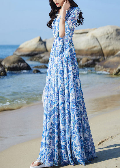 Elegant Blue V Neck Print Elastic Waist Chiffon Vacation Maxi Dresses Flare Sleeve LY1697 - fabuloryshop