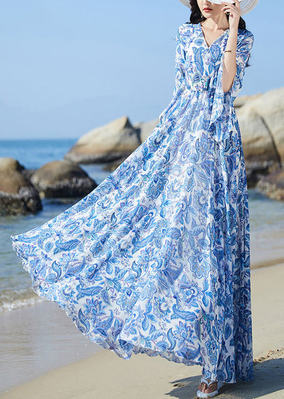 Elegant Blue V Neck Print Elastic Waist Chiffon Vacation Maxi Dresses Flare Sleeve LY1697 - fabuloryshop