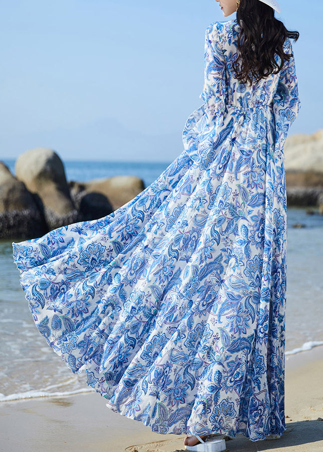 Elegant Blue V Neck Print Elastic Waist Chiffon Vacation Maxi Dresses Flare Sleeve LY1697 - fabuloryshop