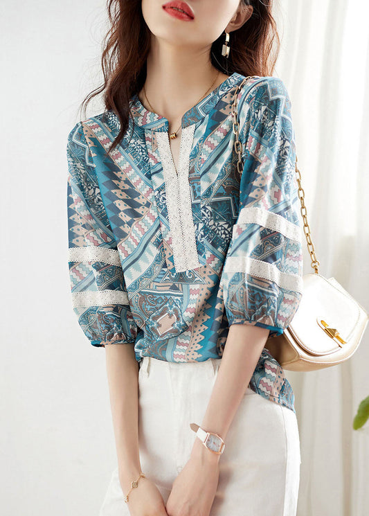 Elegant Blue V Neck Print Lace Patchwork Chiffon Shirt Top Summer TQ1018 - fabuloryshop