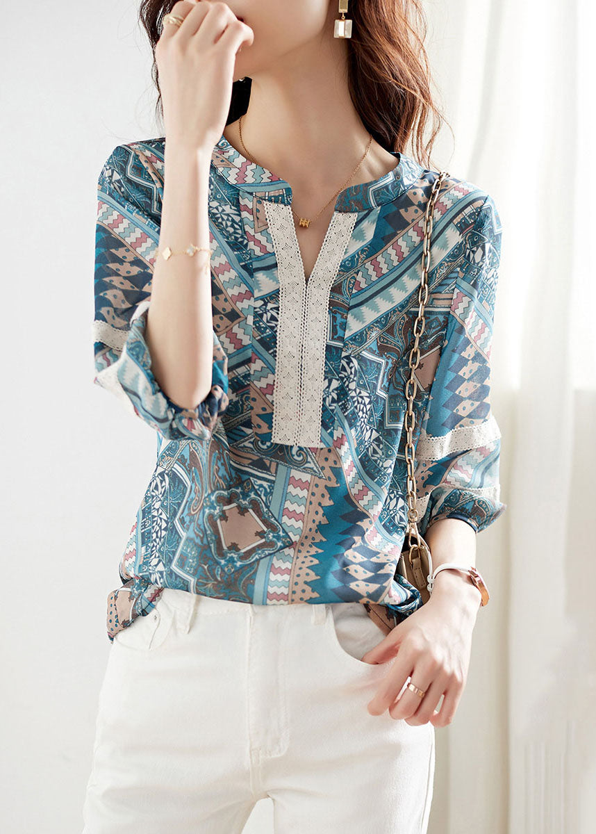 Elegant Blue V Neck Print Lace Patchwork Chiffon Shirt Top Summer Ada Fashion