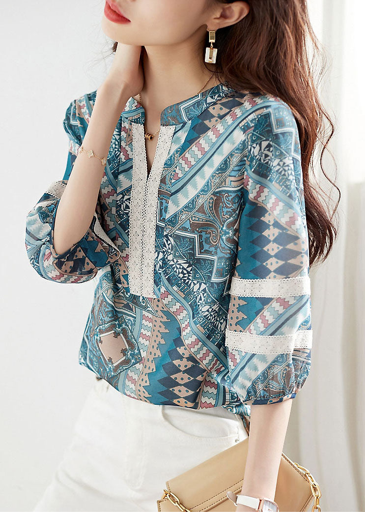 Elegant Blue V Neck Print Lace Patchwork Chiffon Shirt Top Summer Ada Fashion