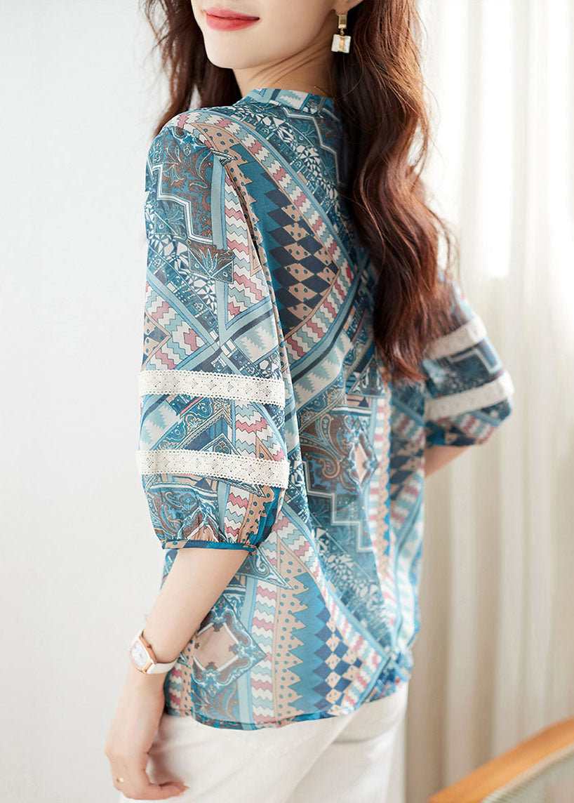 Elegant Blue V Neck Print Lace Patchwork Chiffon Shirt Top Summer Ada Fashion