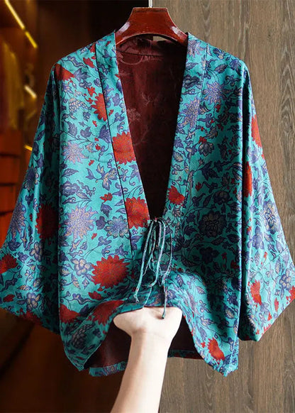 Elegant Blue V Neck Print Tie Waist Silk Coats Long Sleeve Ada Fashion