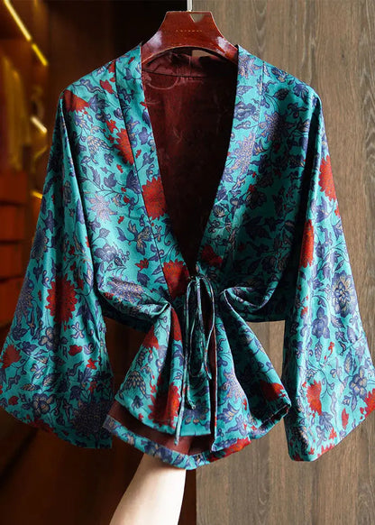 Elegant Blue V Neck Print Tie Waist Silk Coats Long Sleeve Ada Fashion