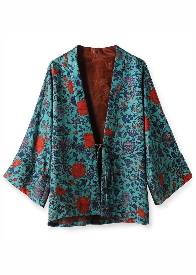 Elegant Blue V Neck Print Tie Waist Silk Coats Long Sleeve Ada Fashion