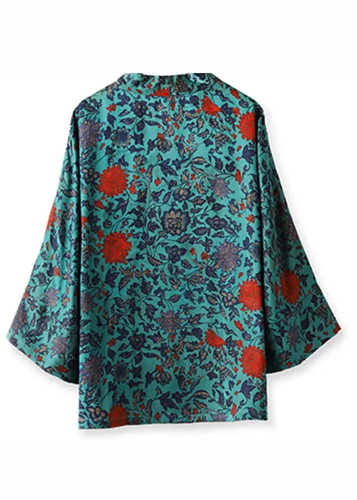 Elegant Blue V Neck Print Tie Waist Silk Coats Long Sleeve Ada Fashion