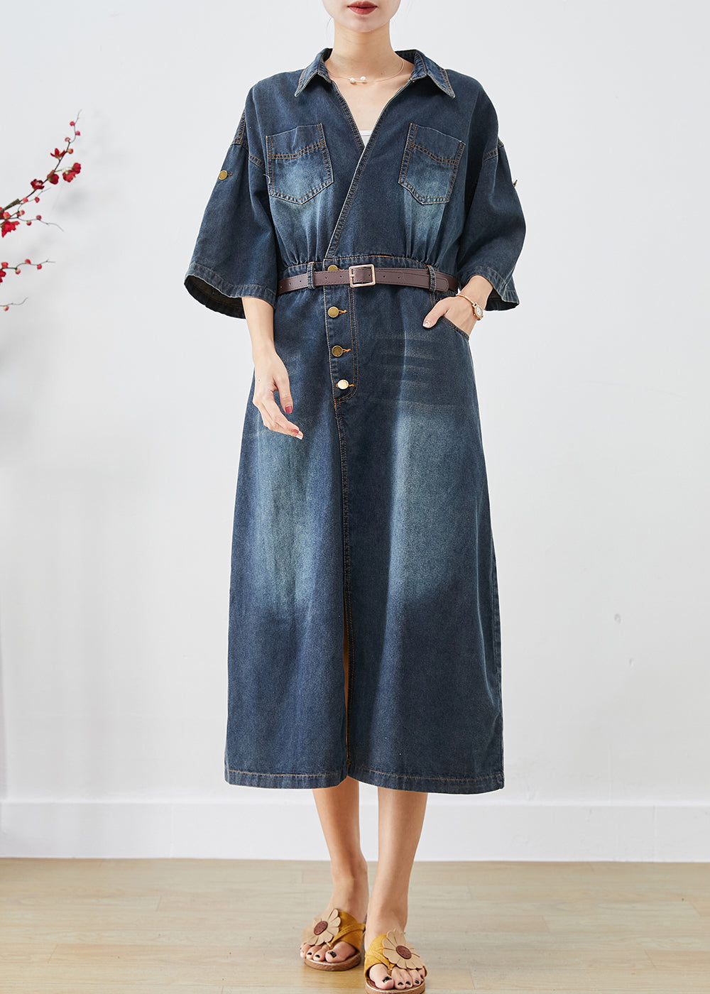 Elegant Blue V Neck Side Open Denim Long Dress Fall Ada Fashion