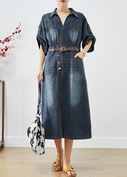 Elegant Blue V Neck Side Open Denim Long Dress Fall Ada Fashion