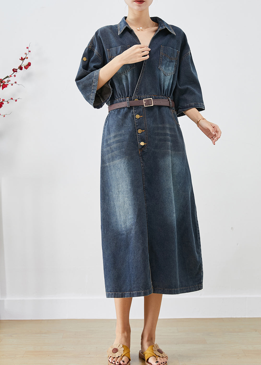 Elegant Blue V Neck Side Open Denim Long Dress Fall Ada Fashion