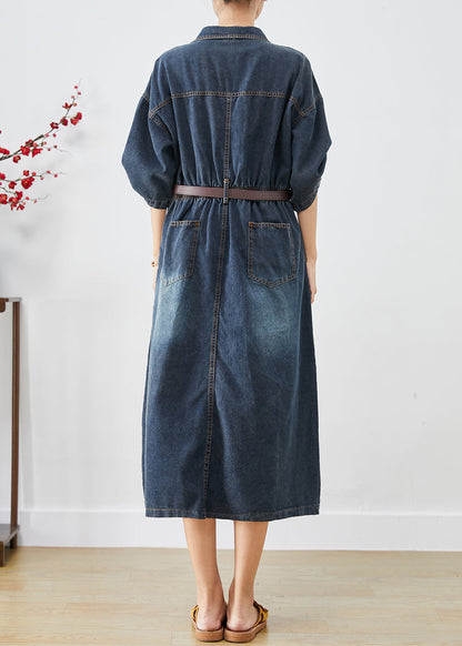 Elegant Blue V Neck Side Open Denim Long Dress Fall Ada Fashion