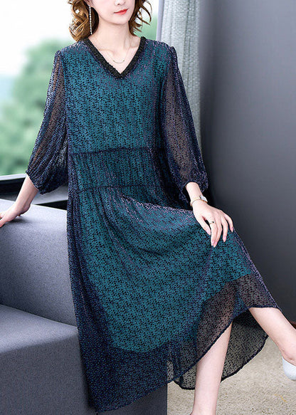 Elegant Blue V Neck Wrinkled Patchwork Silk Dress Long sleeve LY5948 Ada Fashion